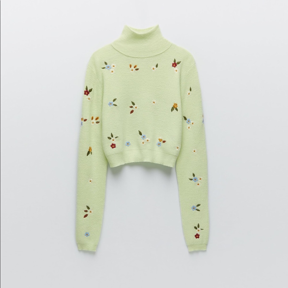 Zara Light Green Floral Turtleneck Sweater